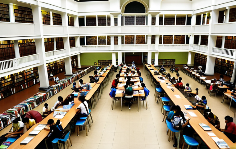 **

A well-lit public library in Malaysia, bustling with students studying at tables surrounded by bookshelves. Include a diverse group of people, some using laptops and others reading books. The overall atmosphere should be conducive to focused study.

**