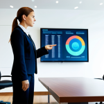 A professional female corporate security consultant in a modest business suit, standing confidently in a modern, brightly lit corporate boardroom. She is presenting a detailed risk assessment report on a large screen to a group of attentive executives. The atmosphere is serious and focused, emphasizing strategic planning. fully clothed, appropriate attire, safe for work, perfect anatomy, correct proportions, natural pose, well-formed hands, proper finger count, natural body proportions, professional photography, high quality, professional, family-friendly.