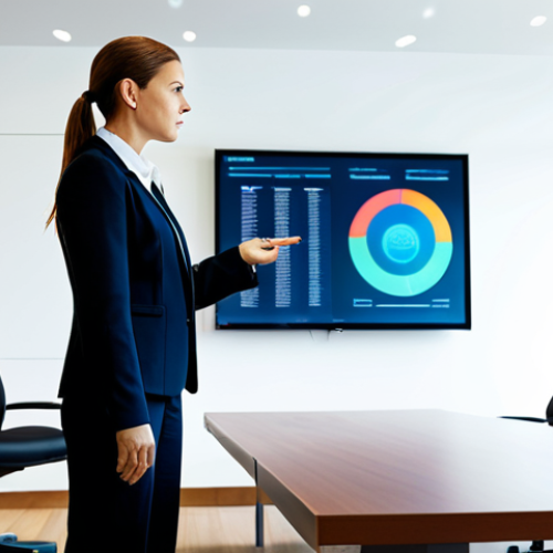 A professional female corporate security consultant in a modest business suit, standing confidently in a modern, brightly lit corporate boardroom. She is presenting a detailed risk assessment report on a large screen to a group of attentive executives. The atmosphere is serious and focused, emphasizing strategic planning. fully clothed, appropriate attire, safe for work, perfect anatomy, correct proportions, natural pose, well-formed hands, proper finger count, natural body proportions, professional photography, high quality, professional, family-friendly.