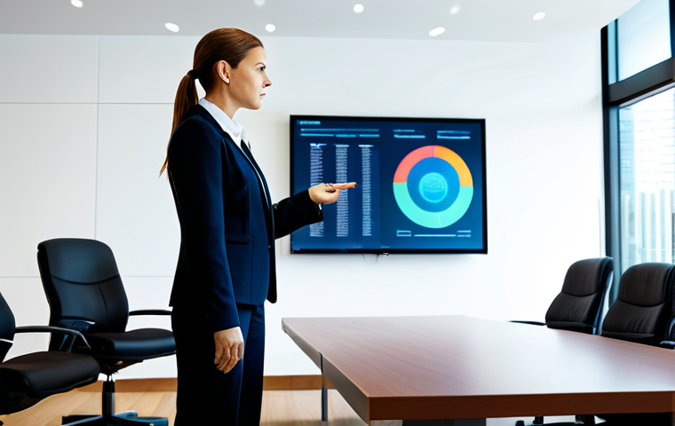 A professional female corporate security consultant in a modest business suit, standing confidently in a modern, brightly lit corporate boardroom. She is presenting a detailed risk assessment report on a large screen to a group of attentive executives. The atmosphere is serious and focused, emphasizing strategic planning. fully clothed, appropriate attire, safe for work, perfect anatomy, correct proportions, natural pose, well-formed hands, proper finger count, natural body proportions, professional photography, high quality, professional, family-friendly.