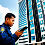 **

"A security officer in a professional, fully clothed uniform, conducting a risk assessment of a building's exterior. The scene takes place during daylight hours. The officer is using a tablet to document potential vulnerabilities. Background shows commercial buildings in Kuala Lumpur. Safe for work, appropriate content, professional, modest attire, perfect anatomy, natural proportions, well-formed hands."

**