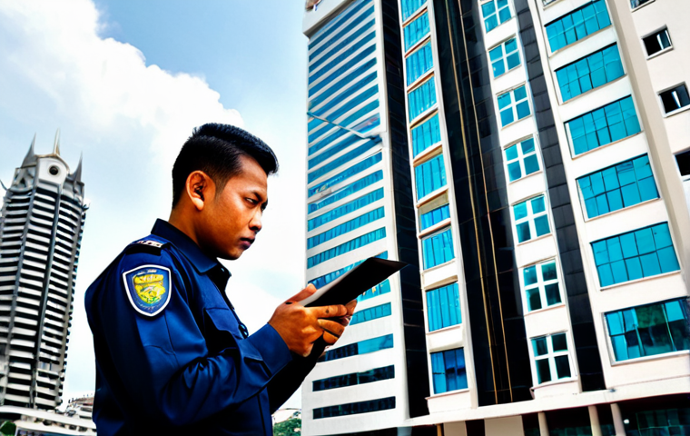 **

"A security officer in a professional, fully clothed uniform, conducting a risk assessment of a building's exterior. The scene takes place during daylight hours. The officer is using a tablet to document potential vulnerabilities. Background shows commercial buildings in Kuala Lumpur. Safe for work, appropriate content, professional, modest attire, perfect anatomy, natural proportions, well-formed hands."

**